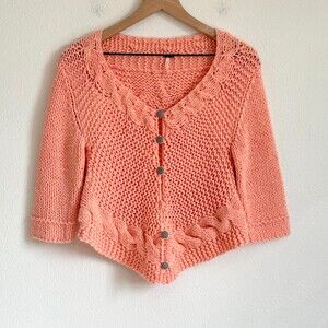 Free People Heavy Knit Cropped Cardigan Sweater Pink Apricot Gingham Button Up M